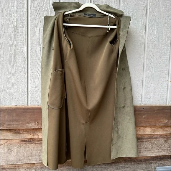 Zara Basic full length faux suede army green button up collared trench coat - Picture 10 of 15